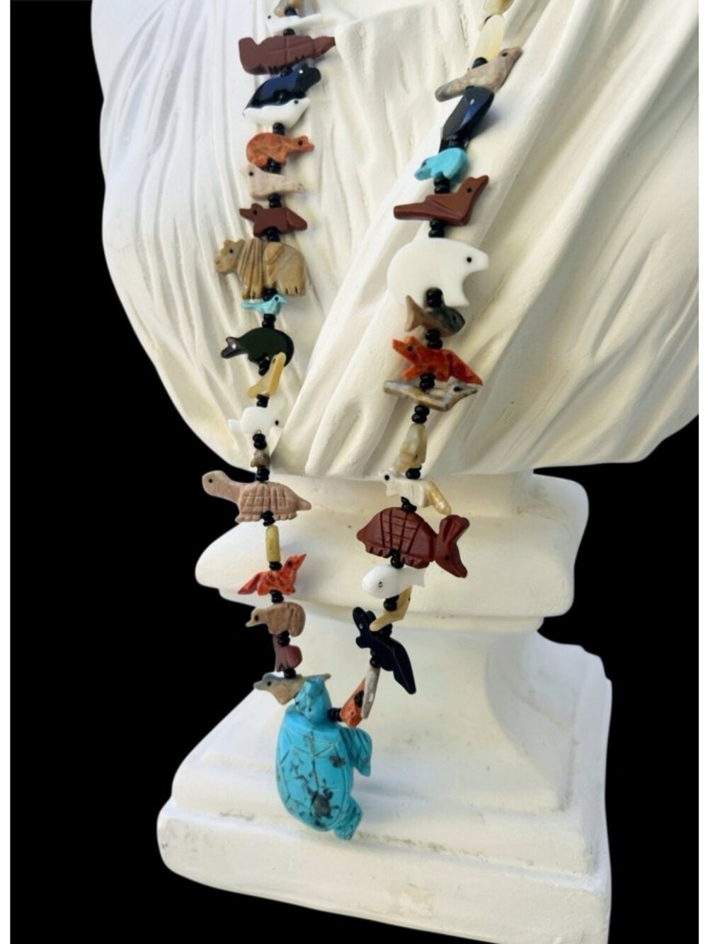 Vintage Handcrafted Zuni Fetish Animal Beaded Necklace With Turquoise Turtle Pen